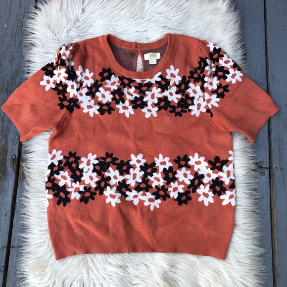 Maeve Anthropologie Floral Short Sleeves Burnt Orange Knit Sweater size XL - Picture 1 of 12